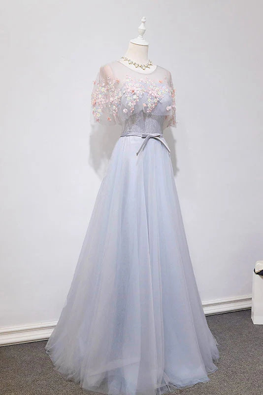 Luolandi Gray tulle lace long prom dress evening dress A Line Formal Dress With Flowers And Bow(s)
