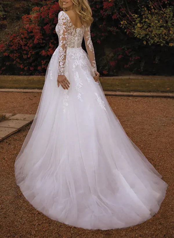Luolandi V-Neck A-Line Wedding Dresses With Long Sleeves Lace/Tulle And Appliques Lace Elegant