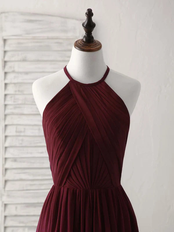Luolandi Simple A-Line Burgundy Chiffon Long Prom Dress Halterneck Evening Dress Dark Blue Elegant