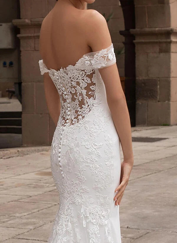 Luolandi Off The Shoulder Satin Lace Chapel Train Wedding Dresses With Lace - Trumpet/Mermaid Elegant