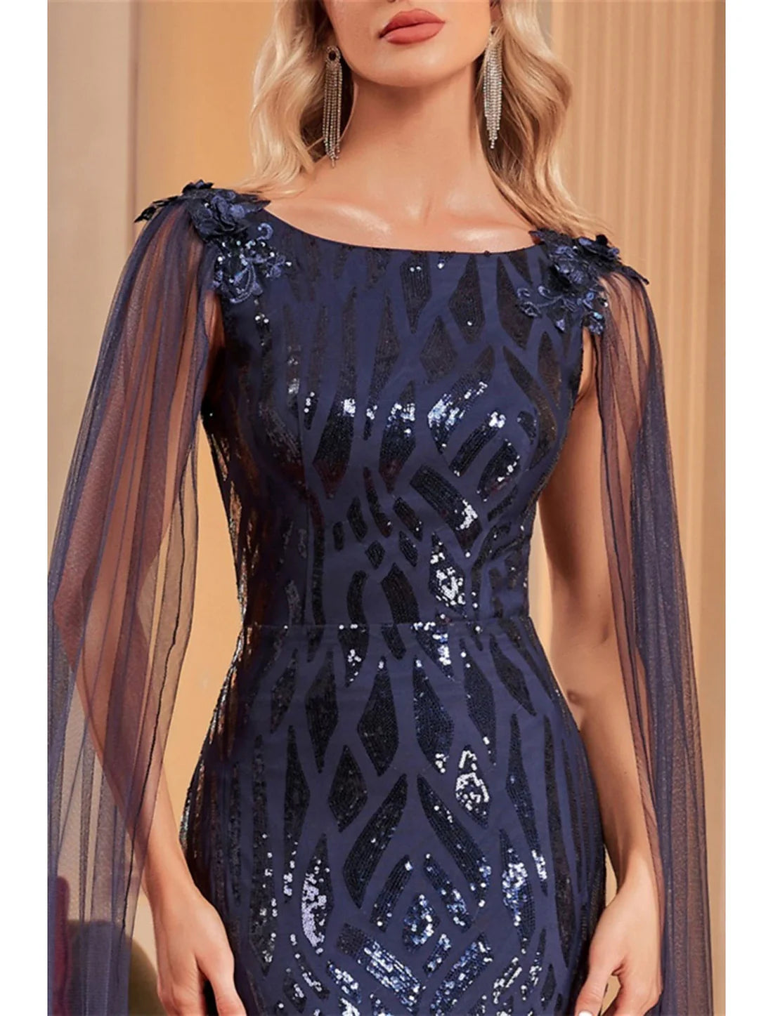 Luolandi Mermaid / Trumpet Mother of the Bride Dress Wedding Guest Party Sparkle & Shine Bateau Neck Floor Length Tulle Sequined Sleeveless with Sequin Draping Evening Dress