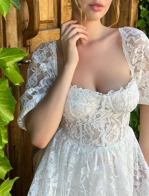 Luolandi Reception Little Dresses Wedding Dresses A-Line Sweetheart Half Sleeve Tea Length Lace Bridal Gowns With Appliques