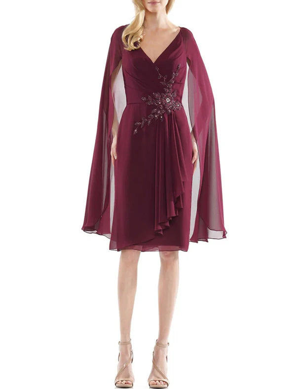 Luolandi Sheath / Column Cocktail Dresses Elegant Dress Wedding Guest Cocktail Party Knee Length Sleeveless V Neck Chiffon with Ruffles Appliques Mother of the Bride Dress