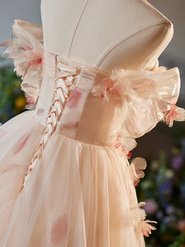 Luolandi A-Line Off Shoulder Tulle Champagne Long Prom Dress Formal Dress Quinceanera Dress Beautiful