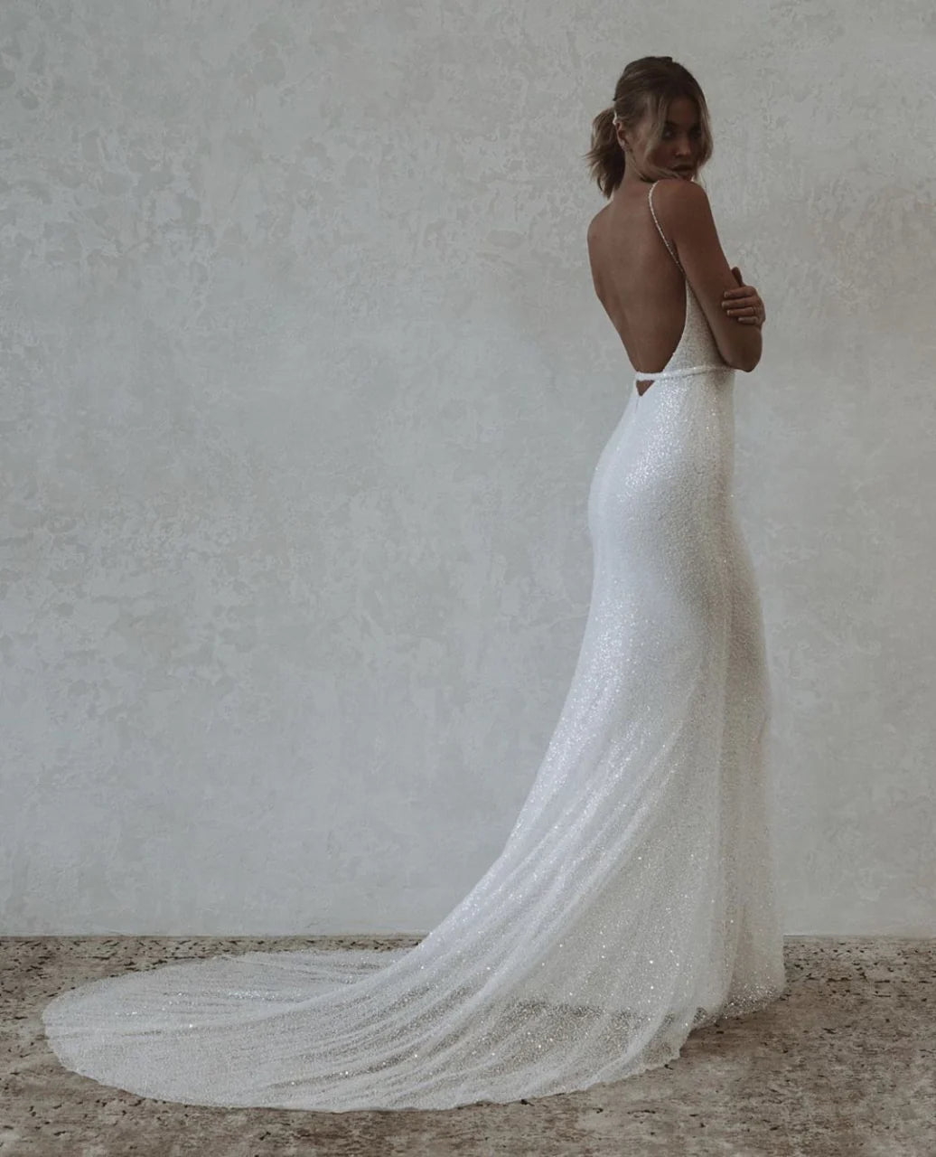 Luolandi Mermaid Modest Spaghetti Straps Sparkly Long Beach Prom Dresses Charming Wedding Dresses