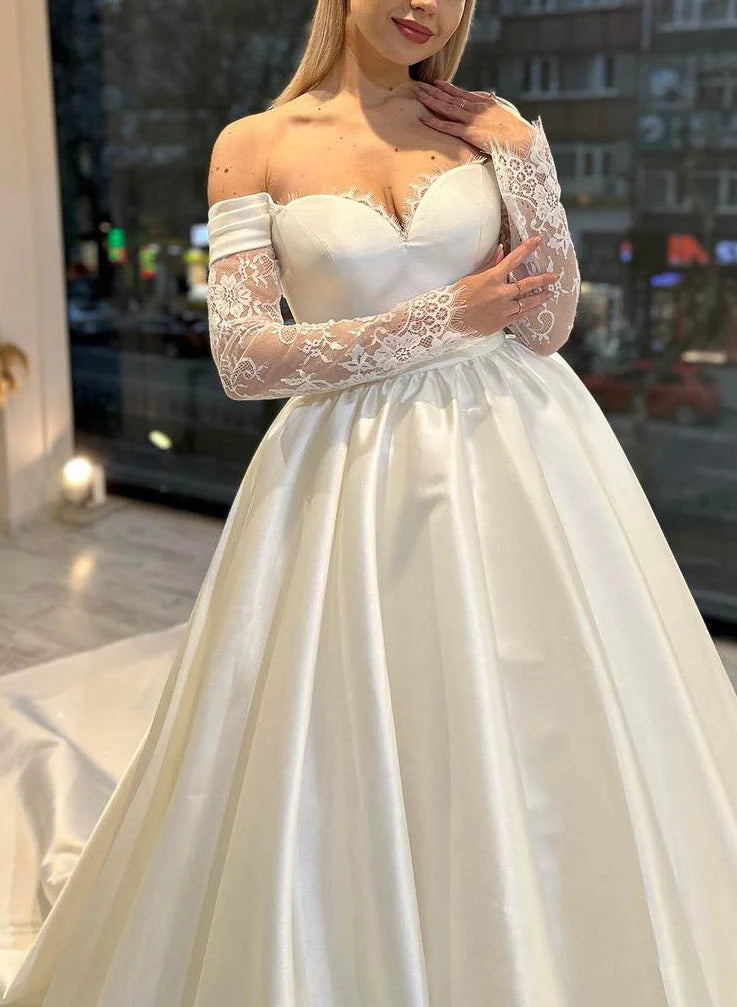 Luolandi Off-The-Shoulder Ball-Gown Satin Wedding Dresses With Long Sleeves Floor Length