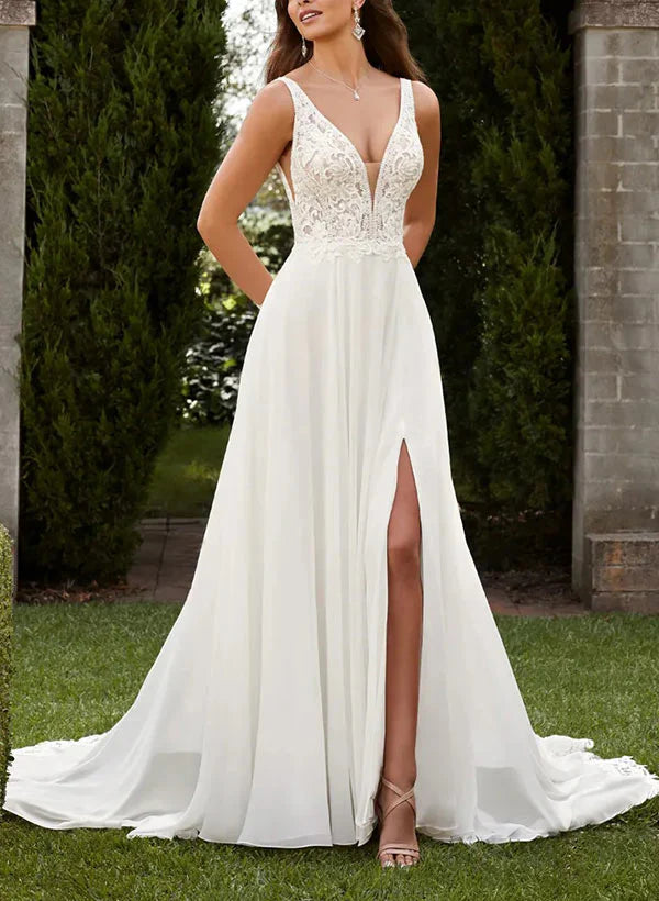 Luolandi A-Line V-Neck Sweep Train Chiffon Wedding Dress With Split Front Sexy Elegant