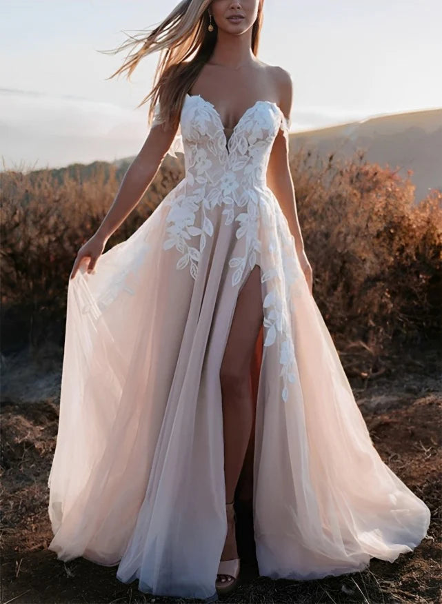 Luolandi Boho Lace Sweetheart Neckline With Split Front A Line Off Shoulder Floor Length with Appliques