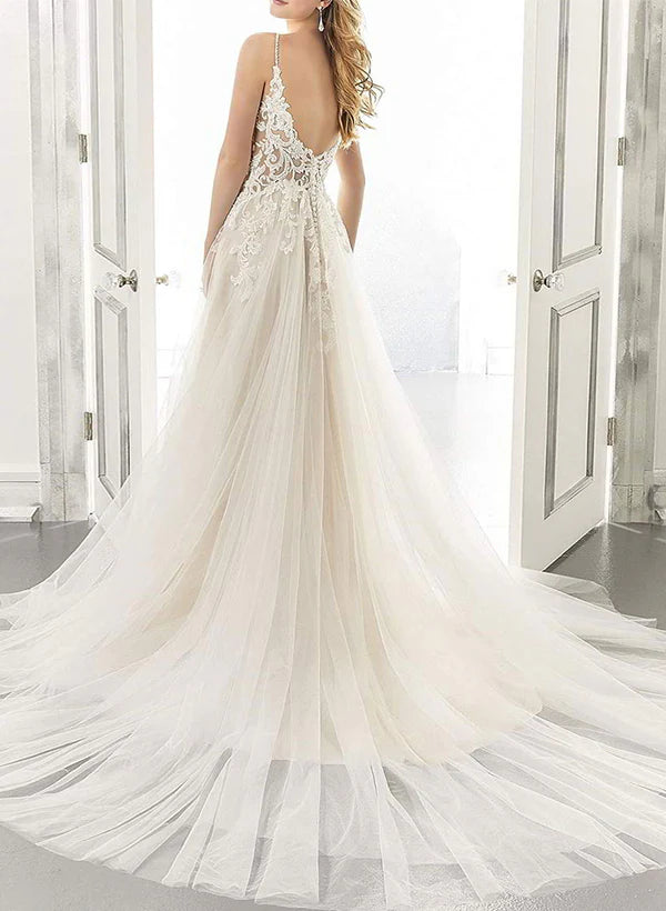 Luolandi Boho A-Line Sweetheart Sleeveless Tulle Wedding Dresses With Appliques Lace Floor Length