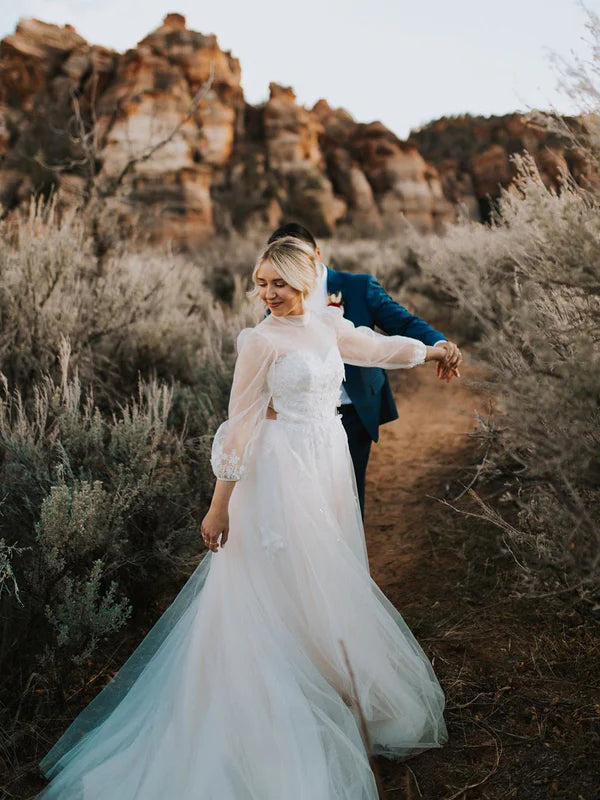 Luolandi Fabulous Illusion Long Sleeves Ball Gown Tulle Wedding Dresses Appliqued Bridal Gowns Elegant