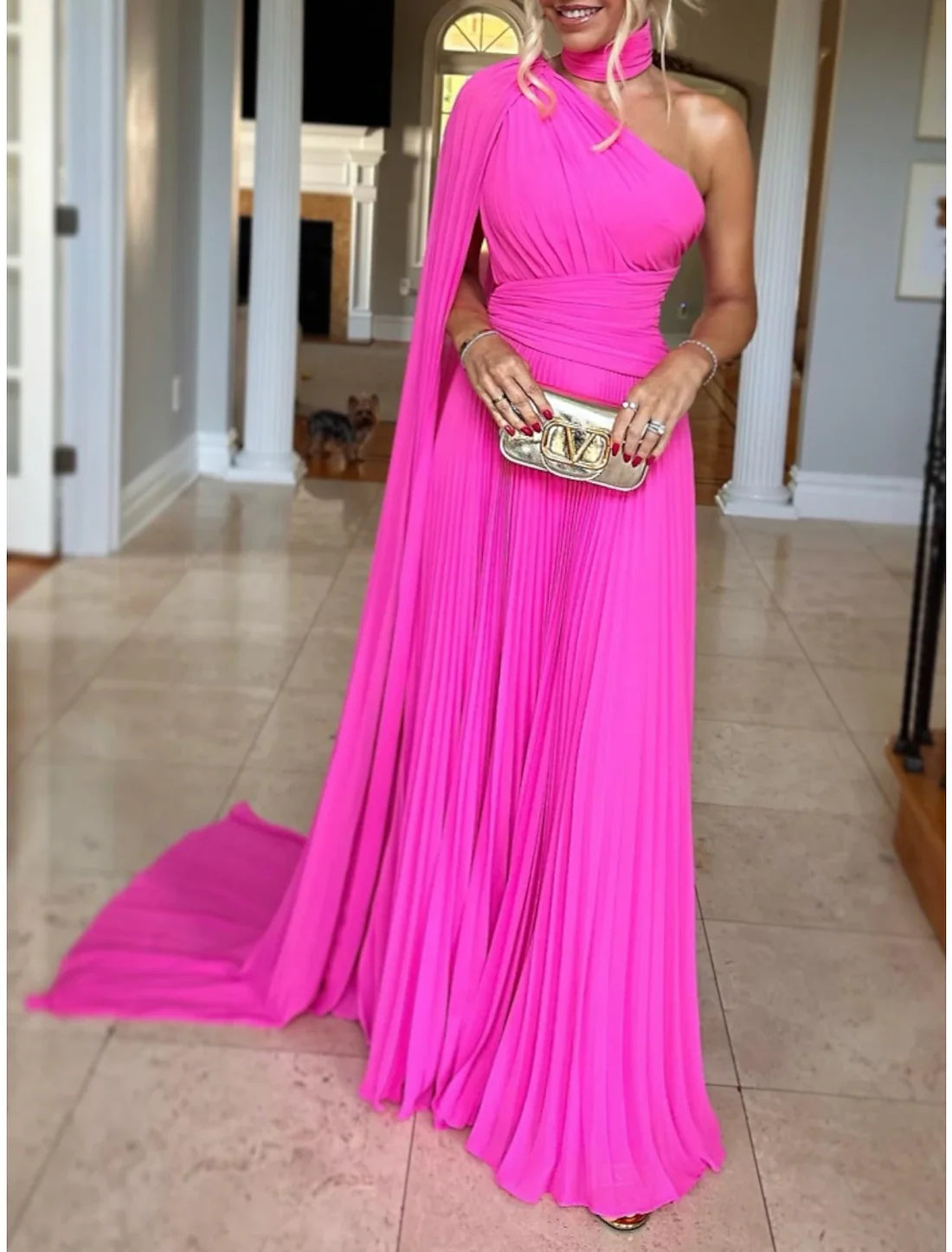 Luolandi A-Line Evening Gown Elegant Prom Dress Formal Sweep / Brush Train Sleeveless One Shoulder with Pleats Ruched