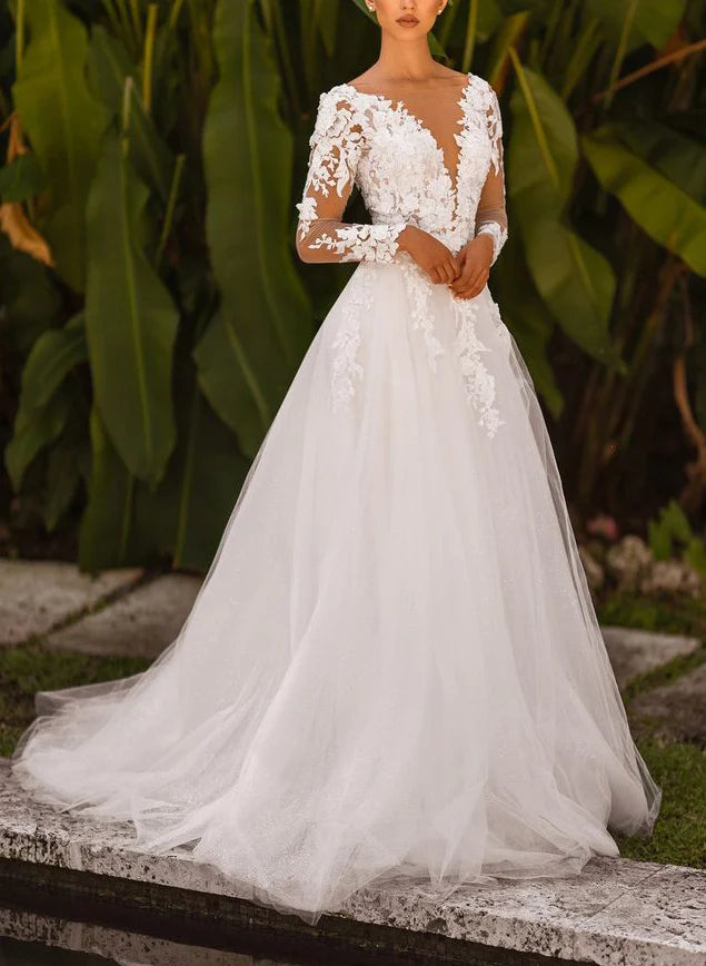 Luolandi Elegant Princess Long Sleeve Lace Wedding Dress V-neck Floor Length With Slit