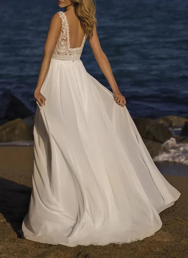 Luolandi A-Line Square Neckline Sleeveless Sweep Train Chiffon/Lace Wedding Dresses Elegant