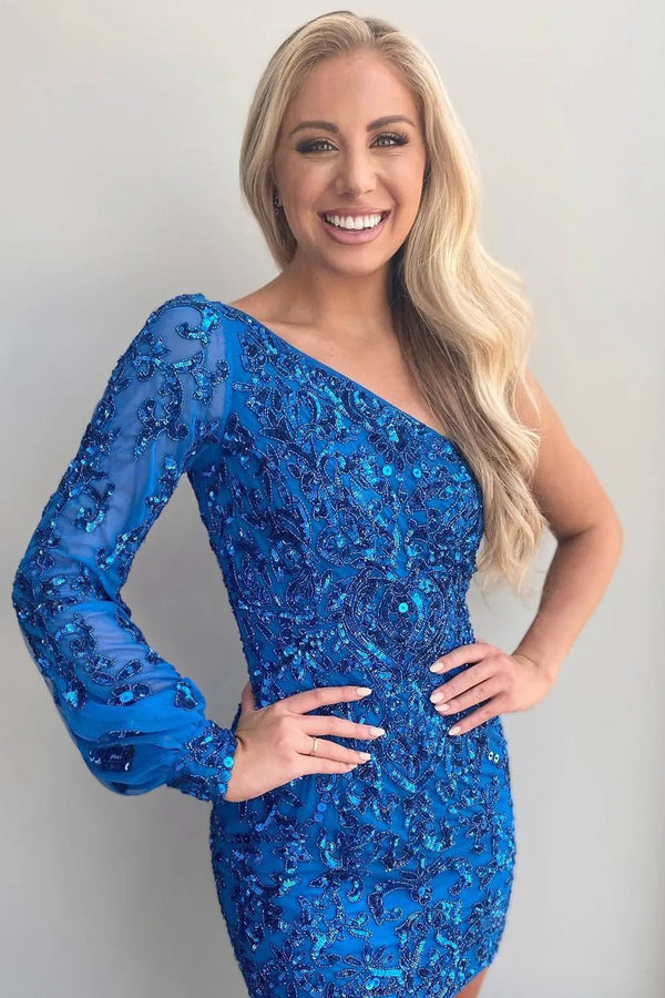 Luolandi Bodycon One Shoulder Blue Long Sleeve Sequins Short Homecoming Dresses Sparkly Party Dress