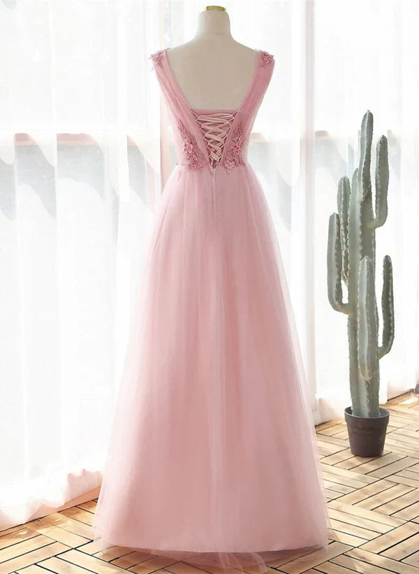 Luolandi A-Line Princess Pink Tulle V-neckline with Lace Long Party Dress Prom Dress with Appliques