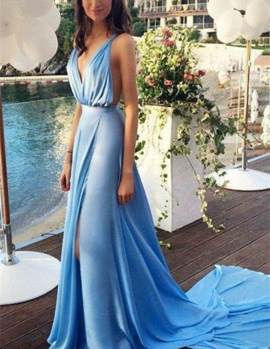 Luolandi Sexy Chiffon Evening Dresses V-back A-line Prom Dresses With Slit Formal Dress