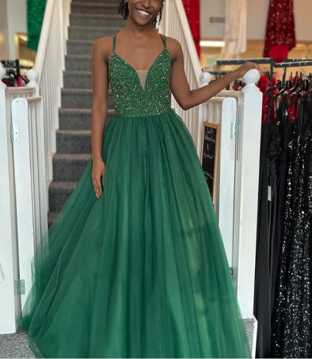 Luolandi Green Tulle Sequin Lace-Up Back A-Line Prom Gown Floor Length Charming Evening Dress