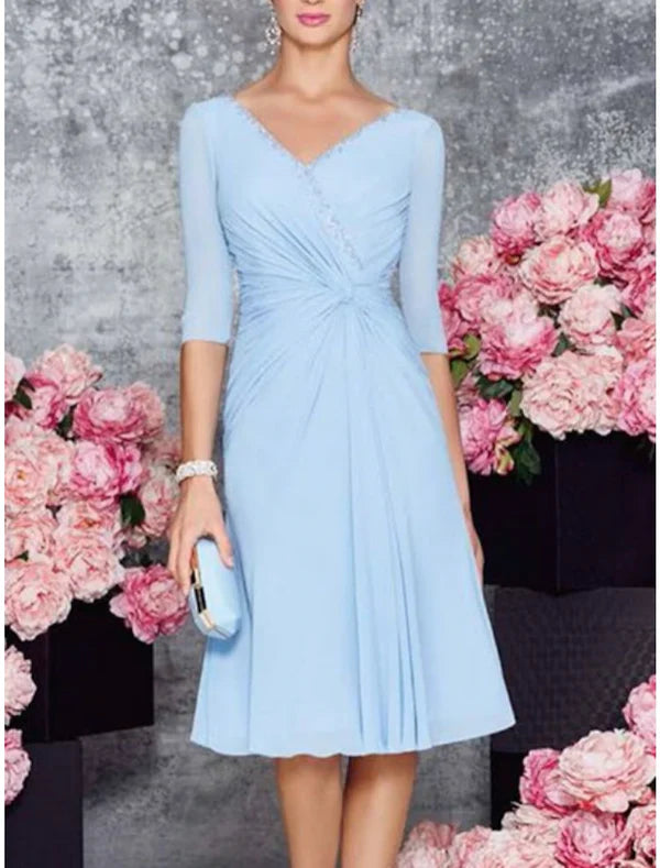 Luolandi A-Line Mother of the Bride Dress Wedding Guest V Neck Knee Length Chiffon Lace Half Sleeve with Ruching Elegant