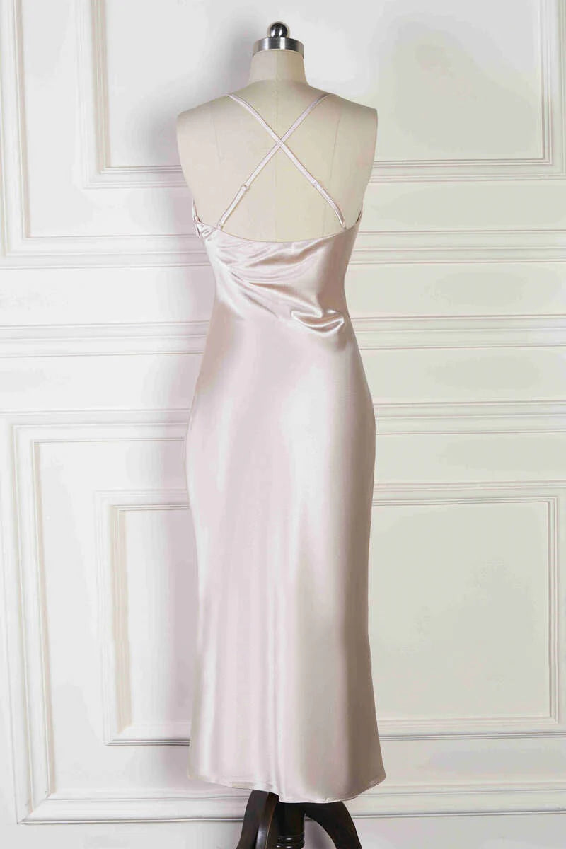 Luolandi Spaghetti Straps Cowl Neck Champagne Sheath Bridesmaid Dress Simple Party Dress