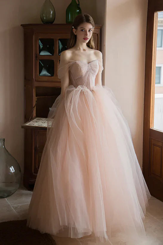 Luolandi Off Shoulder Pink Tulle Long Formal Dress A-line Princess Prom Dress Evening Dress Beautiful