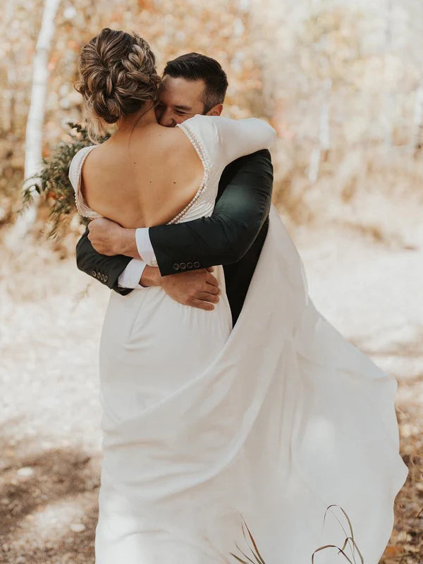 Luolandi Simple Long Sleeves A-line Wedding Dresses Satin Chapel Train Bridal Gowns Elegant