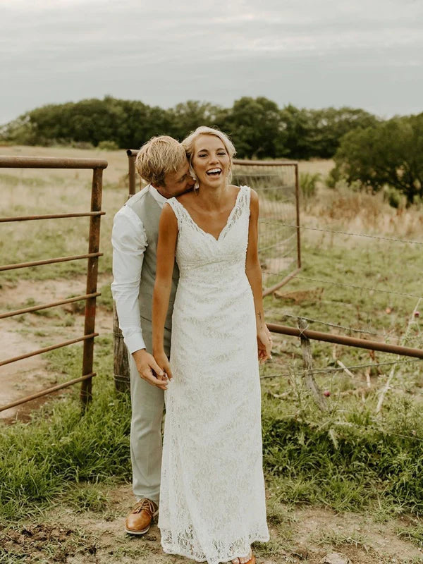 Luolandi Backless V-Neck Lace Wedding Dresses A-Line Sleeveless Bridal Gowns Elegant