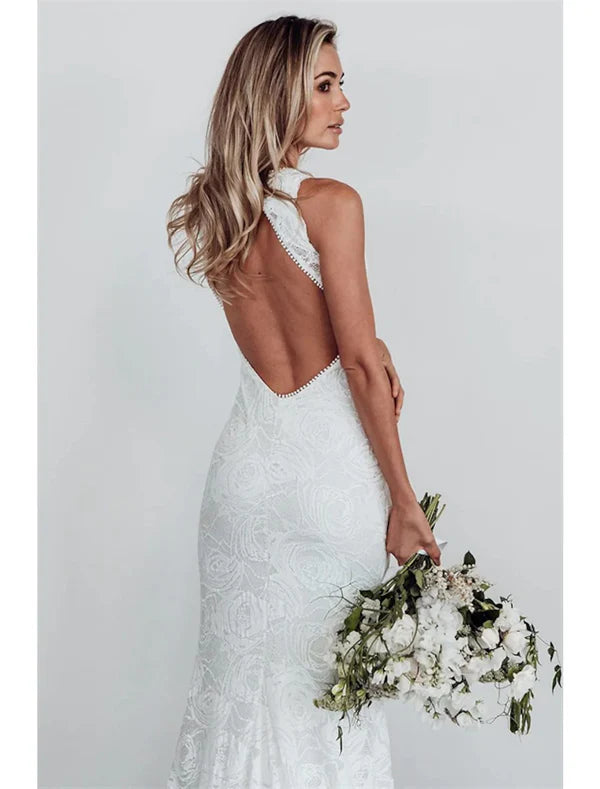 Luolandi Beach Open Back Boho Wedding Dresses Mermaid / Trumpet Halter Neck Sleeveless Chapel Train Lace Bridal Gowns With Appliques Elegant