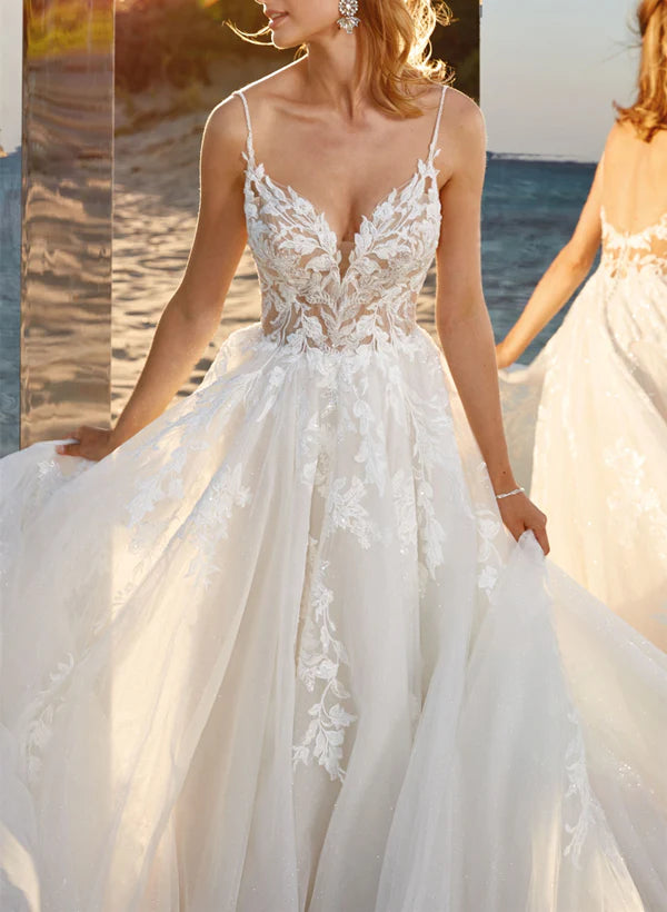 Luolandi Ball-Gown V-Neck Sleeveless Tulle Court Train Wedding Dress With Lace Appliques Floor Length