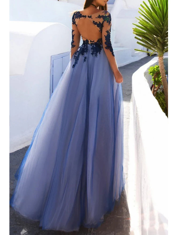 Luolandi Marvelous Tulle Long Sleeves Prom Dresses A-line Appliqued Illusion Gowns Elegant