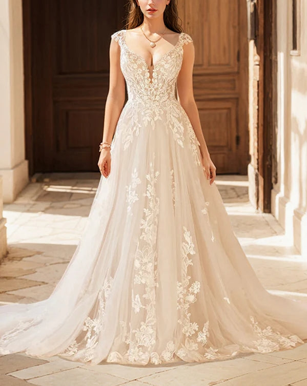 Luolandi Bohemian V-Neck Bridal Gown Featuring Illusion Back A Line Floor Length Elegant