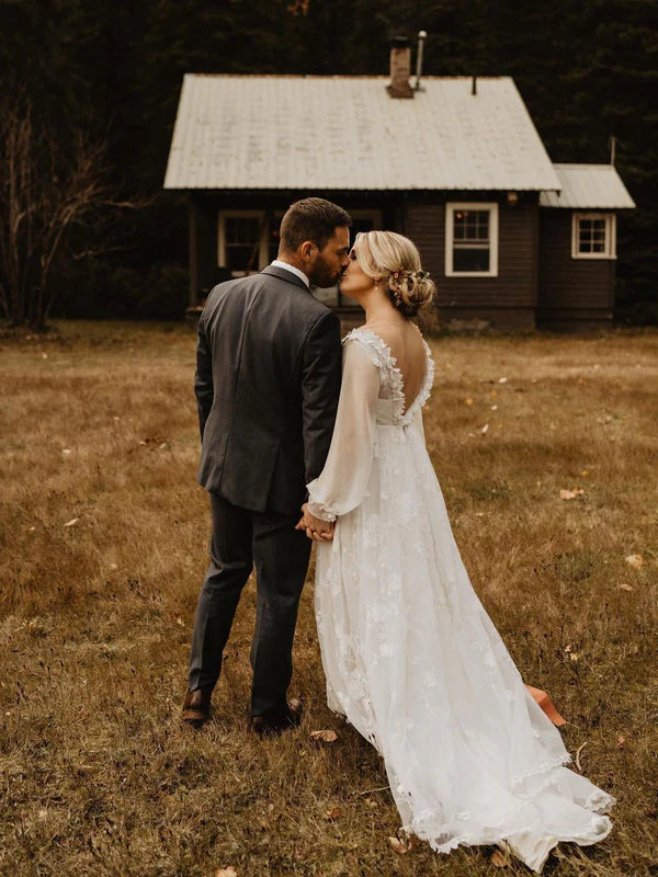 Luolandi Tulle Appliques Illusion Long Sleeves V-Neck Backless Wedding Dresses Elegant