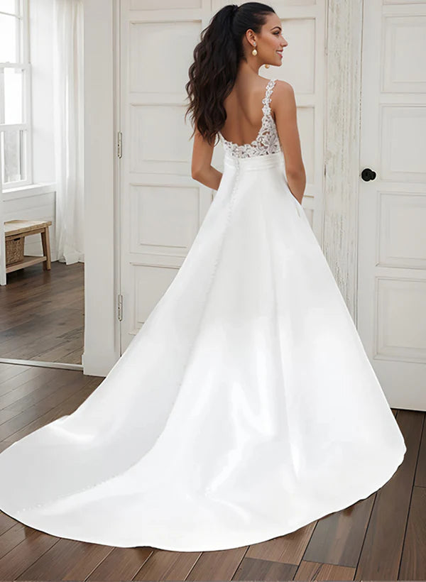 Luolandi Ball-Gown Satin V-Neck Wedding Dresses With Pockets Sleeveless Floor Length Elegant