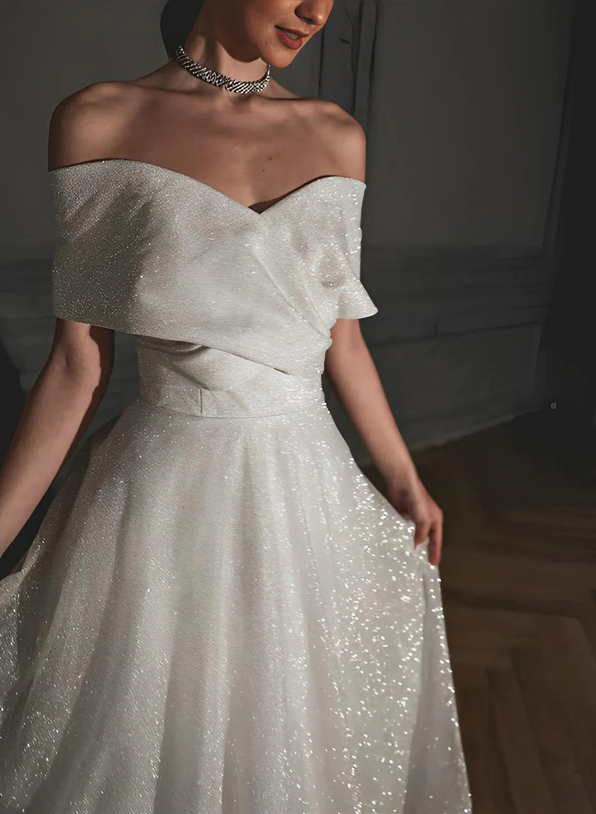 Luolandi Off-The-Shoulder Sleeveless A-Line Wedding Dress With Sweep Train And Sequin Detail Sparkly