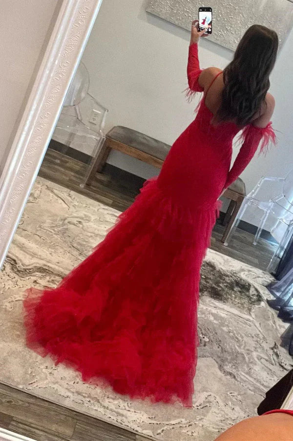Luolandi Red Lace One-Shoulder Tiered Mermaid Long Prom Dress Evening Dress