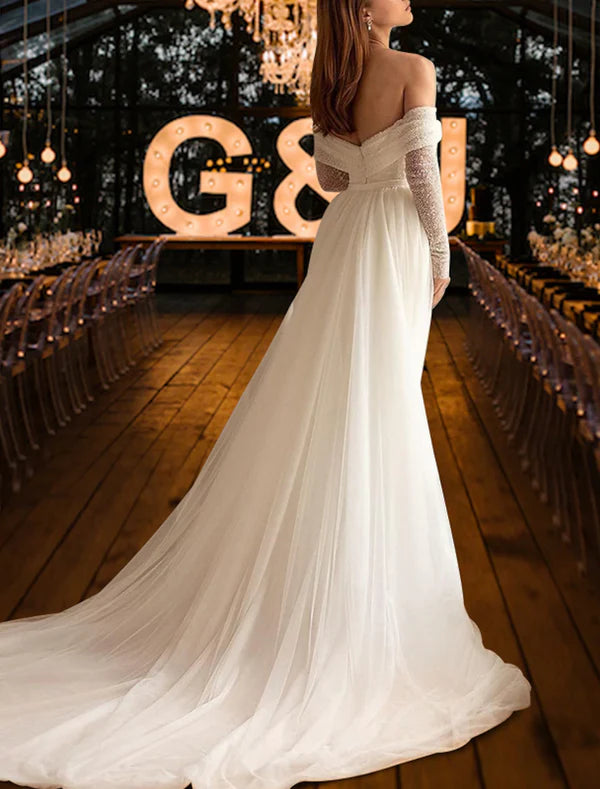 Luolandi Beach Simple Glitter & Sparkle Wedding Dresses Mermaid / Trumpet Off Shoulder Long Sleeve Court Train Sequined OverSkirts Bridal Gowns With Ruched Sequin Sexy