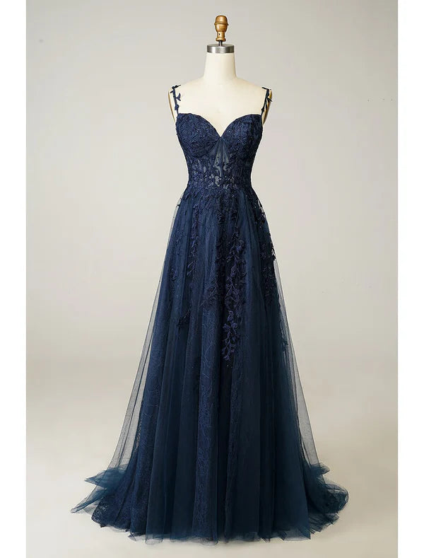 Luolandi A-Line Prom Party Dress See Through Dress Formal Prom Sweep / Brush Train Sleeveless Sweetheart Tulle Backless with Slit Appliques