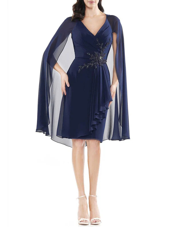 Luolandi Sheath / Column Cocktail Dresses Elegant Dress Wedding Guest Cocktail Party Knee Length Sleeveless V Neck Chiffon with Ruffles Appliques Mother of the Bride Dress