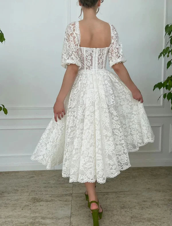 Luolandi Reception Little Dresses Wedding Dresses A-Line Sweetheart Half Sleeve Tea Length Lace Bridal Gowns With Appliques
