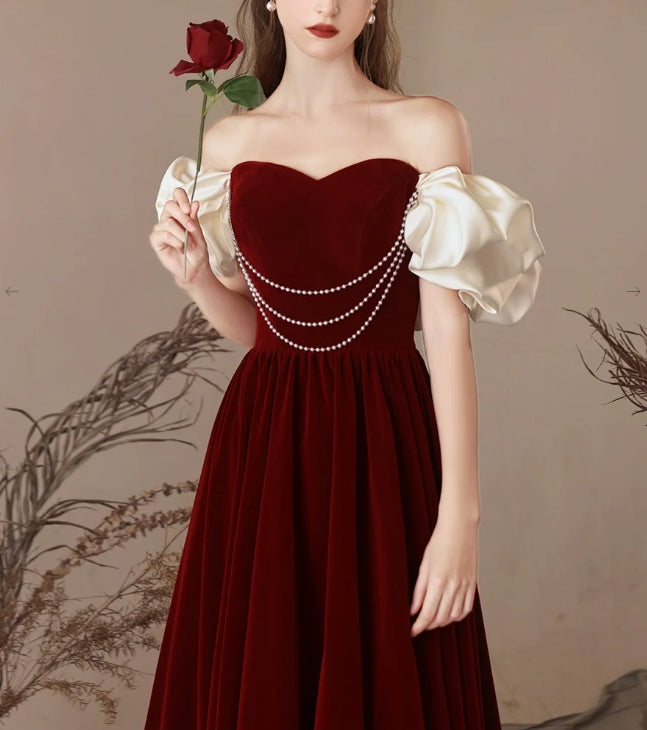 Luolandi A-Line Sweetheart Neck Velvet Burgundy Long Prom Dress Evening Dress Off Shoulder Elegant