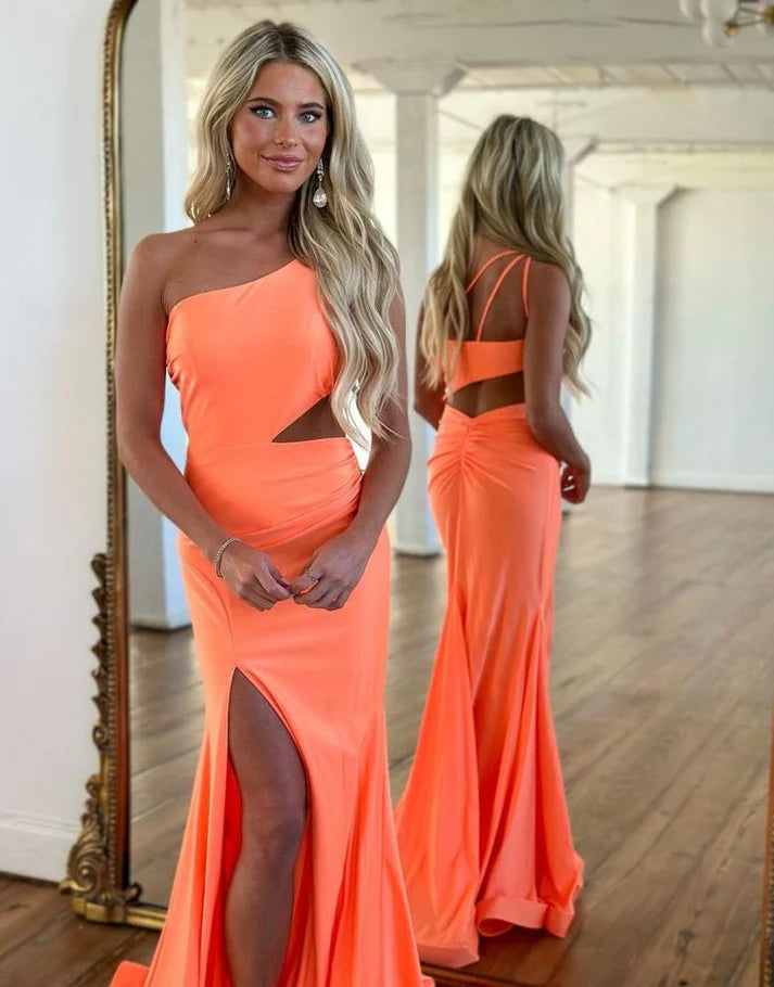 Luolandi Black Mermaid One Shoulder Long Prom Dress With Slit Elegant Evening Party Dress