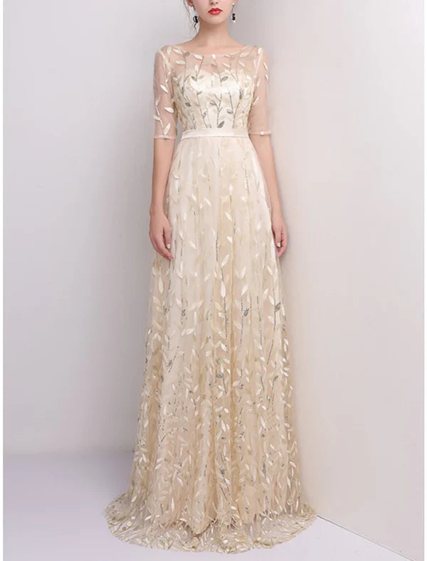 Luolandi Sheath / Column Mother of the Bride Dress Wedding Guest Party Sparkle & Shine Petite Scoop Neck Sweep / Brush Train Tulle Half Sleeve with Sequin Fall Elegant