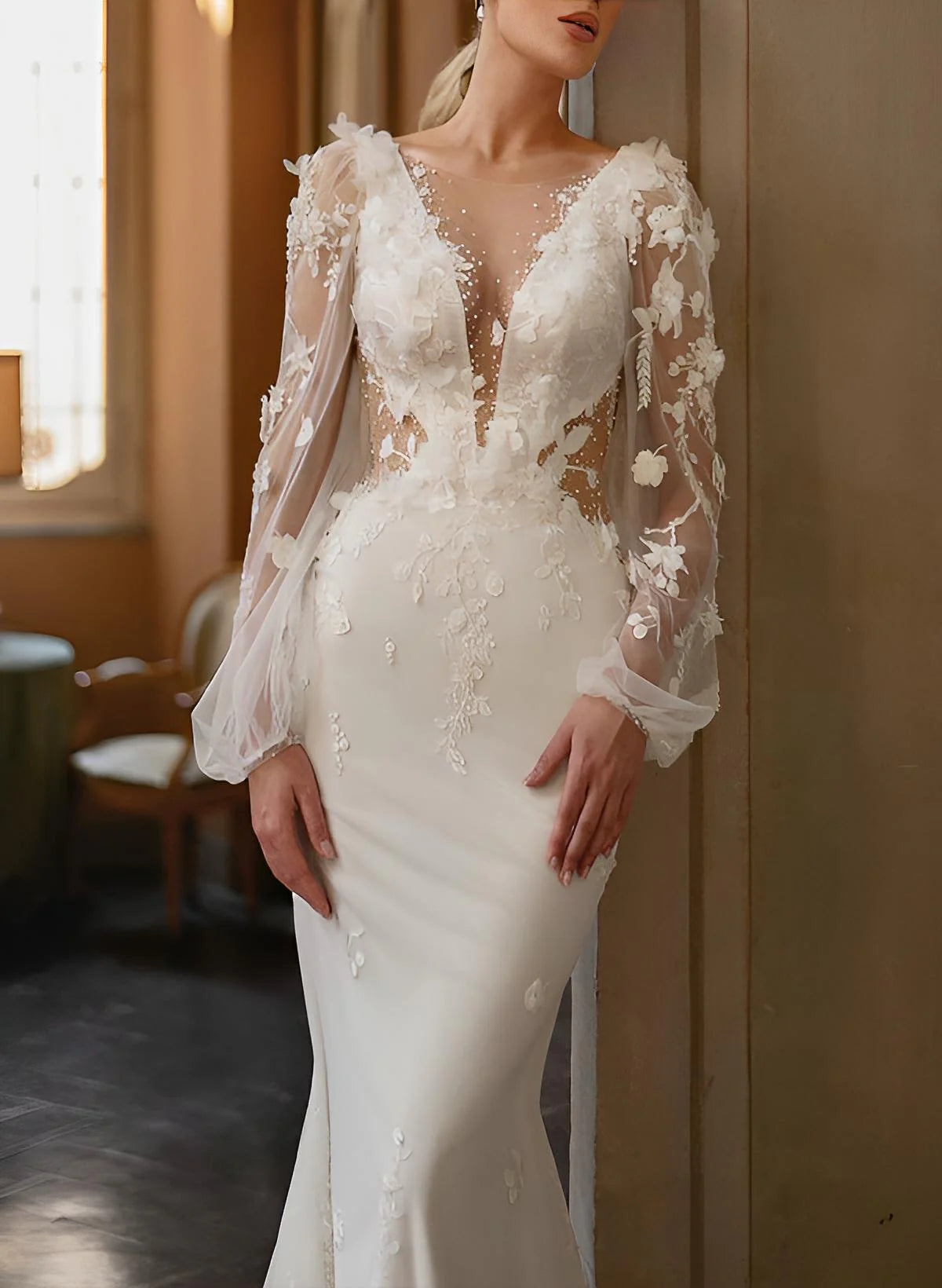 Luolandi Long Sleeves Court Train Satin Wedding Dresses Mermaid Illusion Neck with Appliques Beautiful