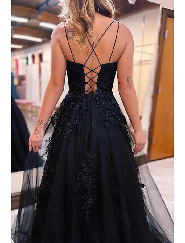Luolandi Ball Gown Prom Dresses Princess Dress Formal Wedding Party Sweep / Brush Train Sleeveless Spaghetti Strap Tulle with Pleats Appliques Black