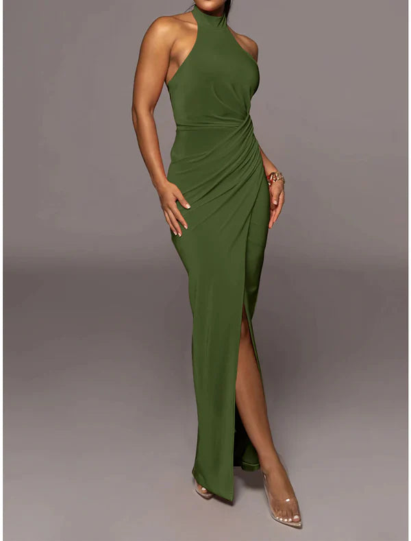 Luolandi Women's Prom Dress Party Dress Homecoming Dress Long Dress Maxi Dress Black Army Green Blue Sleeveless Pure Color Ruched Halter Neck Party Evening Party Wedding Guest Dress