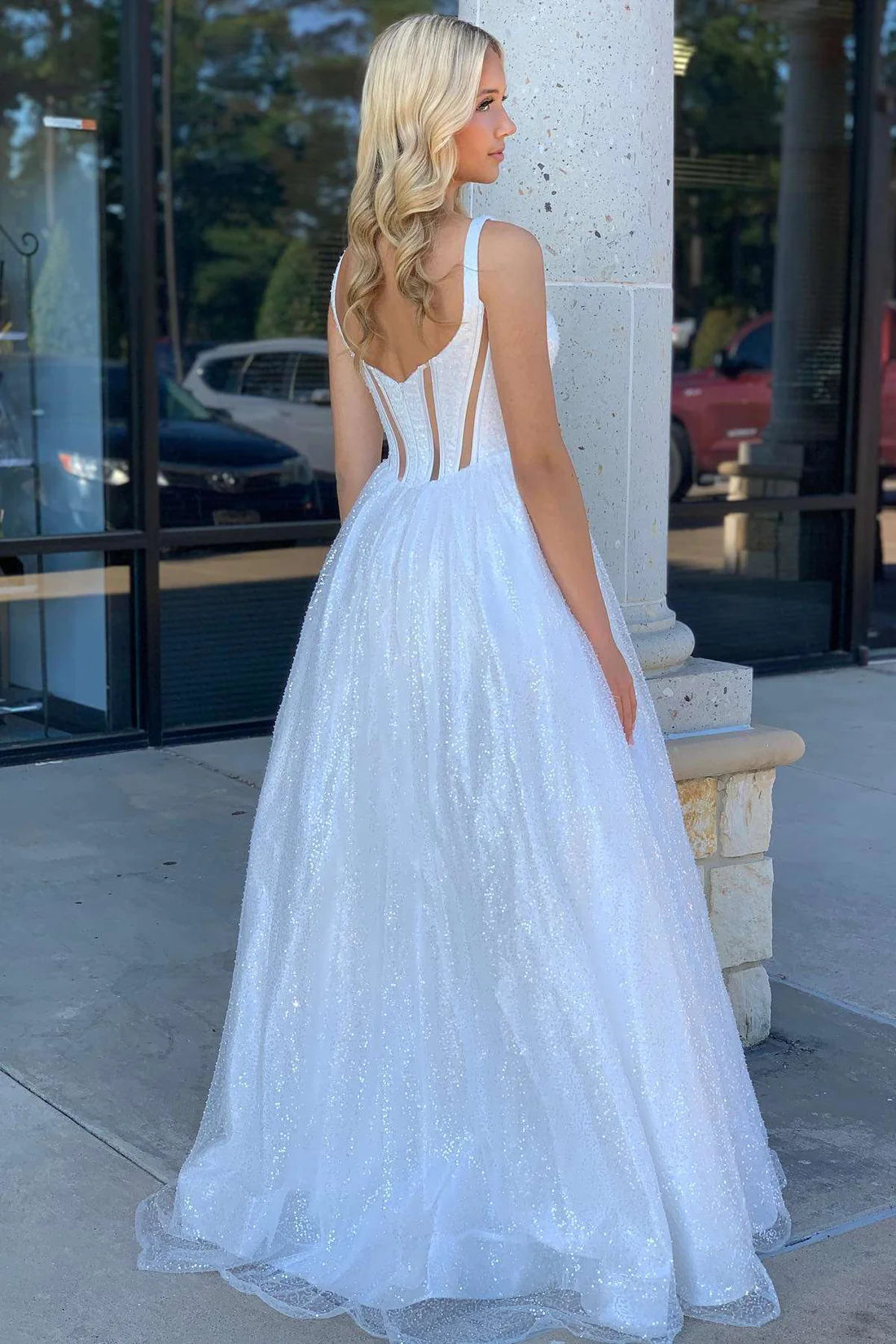 Luolandi Square Neck Sequin A-Line Prom Dress Sleeveless Sparkly Evening Dress