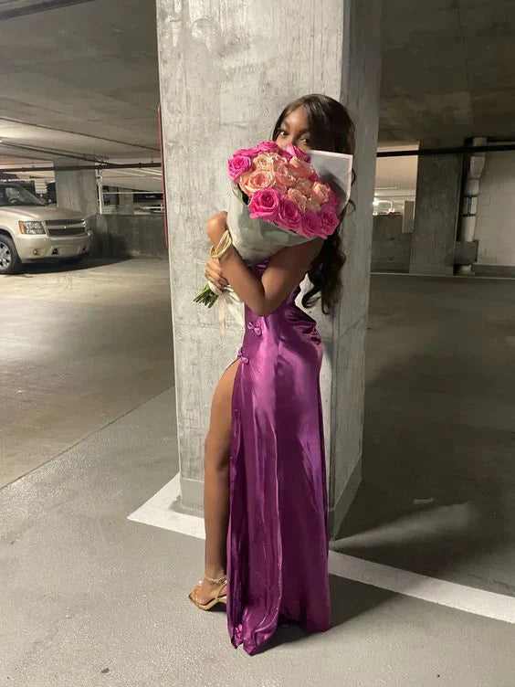 Luolandi Green Satin Long Evening Party Dress with High Split Sexy Evening Dress Formal Dress