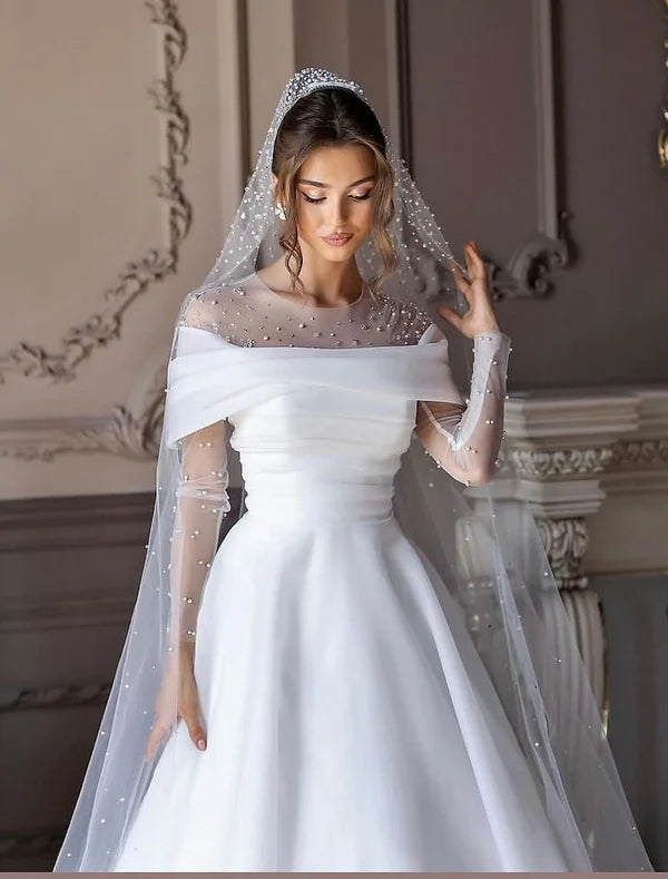 Luolandi Simple Wedding Dresses Wedding Dresses A-Line V Neck Long Sleeve Court Train Chiffon Bridal Gowns With Pleats Ruched Elegant Excluding veil