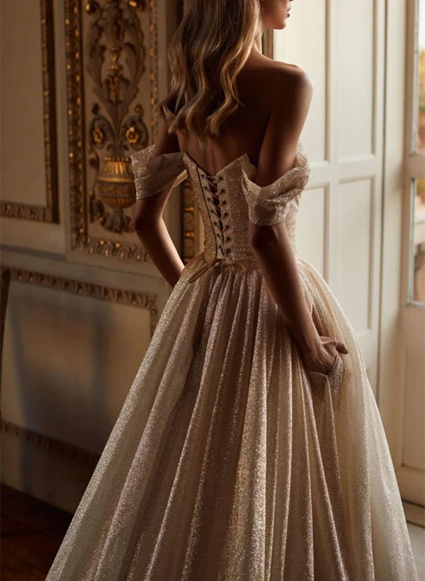 Luolandi Off-Shoulder Sequined Court Train Wedding Dress Floor Length Elegant With Pockets Sparkly