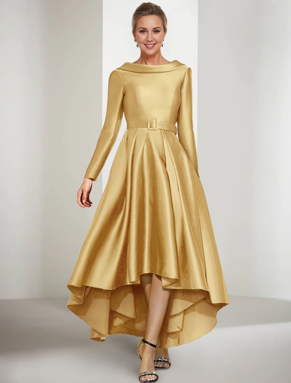 Luolandi A-Line Mother of the Bride Dress Elegant Jewel Neck Asymmetrical Satin Long Sleeve with Sash / Ribbon Gold