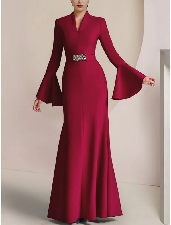 Luolandi A-Line Mother of the Bride Dress Wedding Guest Party Elegant V Neck Floor Length Chiffon Long Sleeve with Pleats